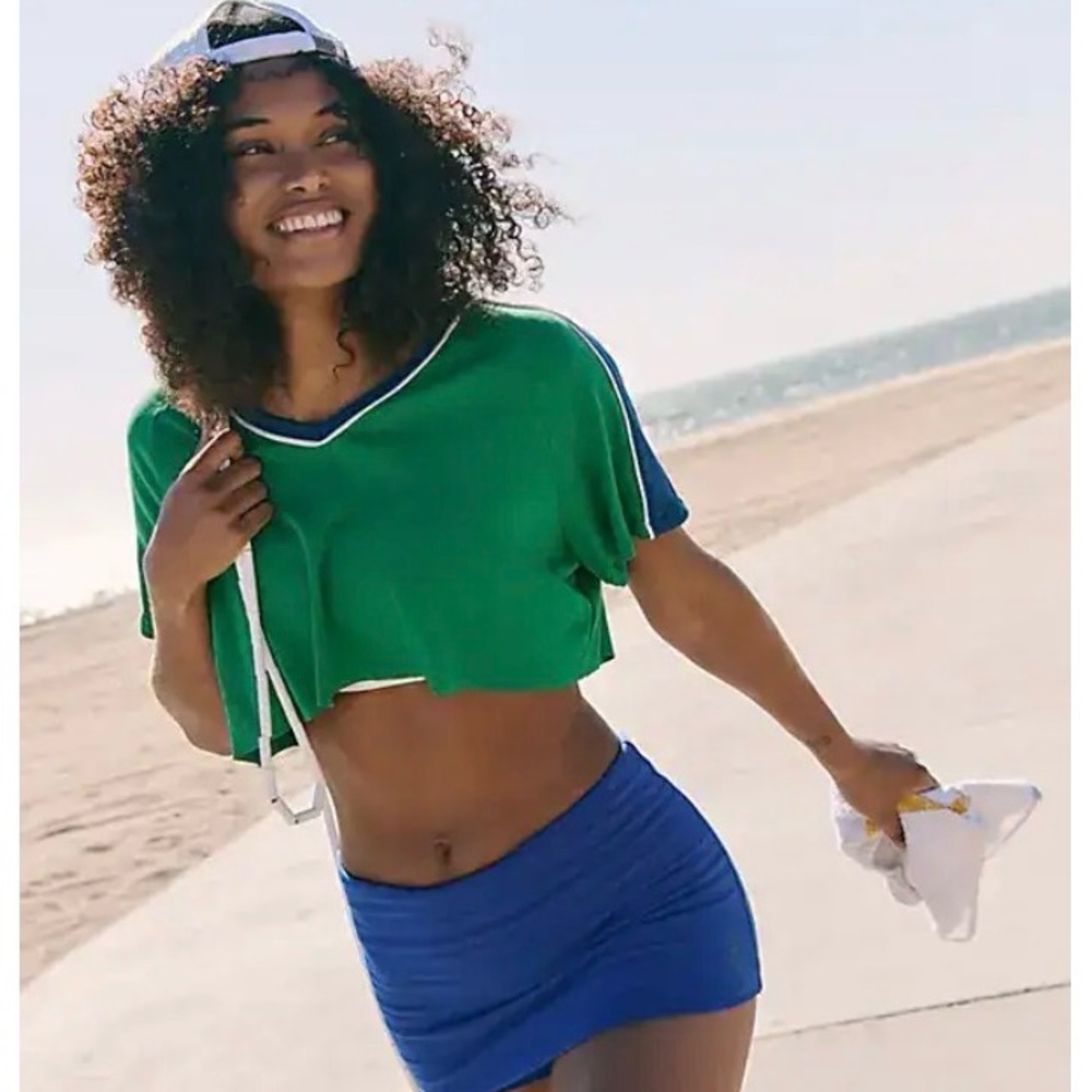 FREE PEOPLE Sporty Cropped T-Shirt - Green/Navy Combo